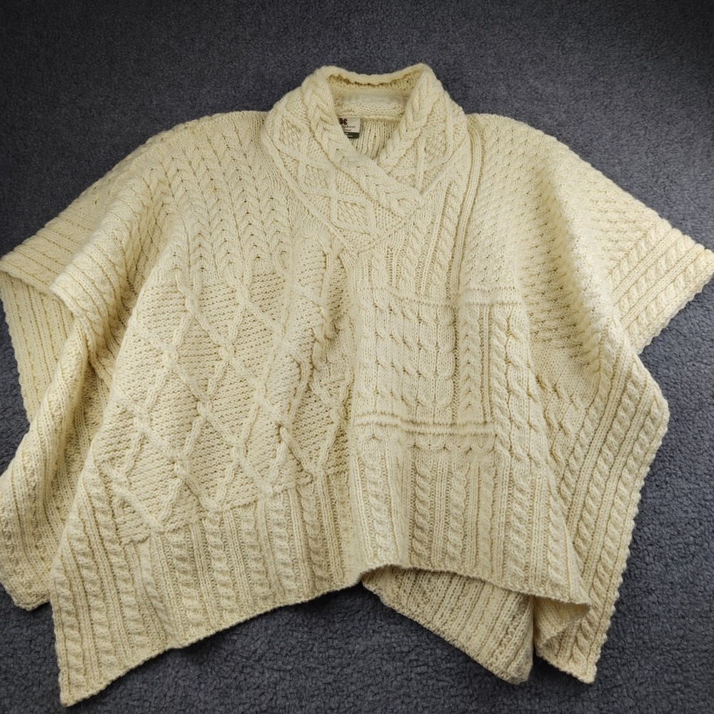 Carraig Donn Sweater Poncho Fisherman Cable Knit Cream One Size Women's